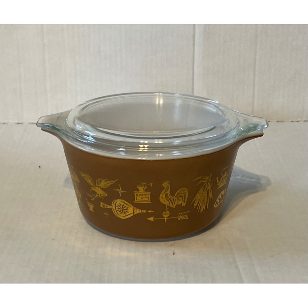 Vintage Pyrex Early American Brown Gold Rooster Casserole Dish w/ Lid 474 1.5 Qt